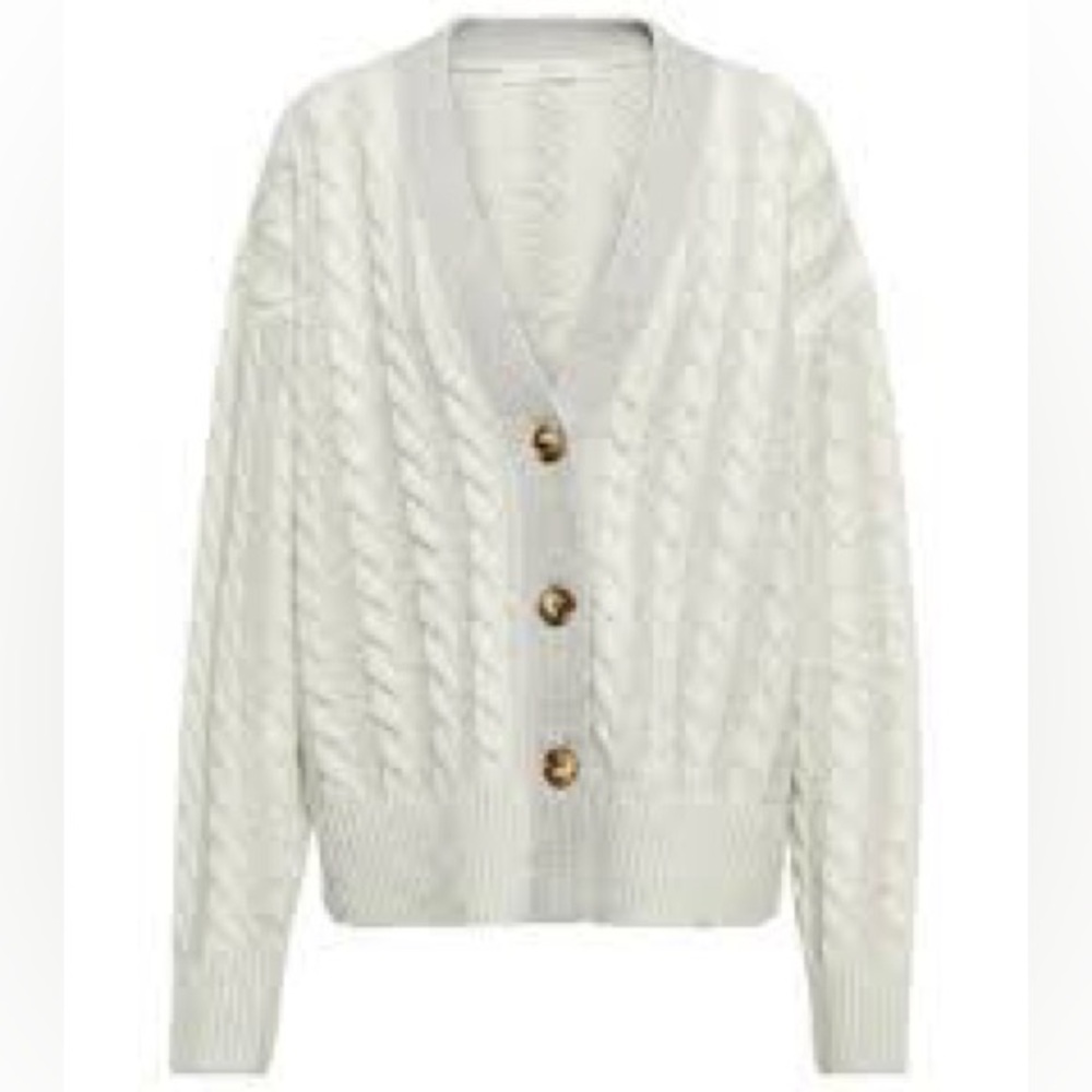 Co Striped Cableknit Cardigan Sweater Grey Cream Size Large